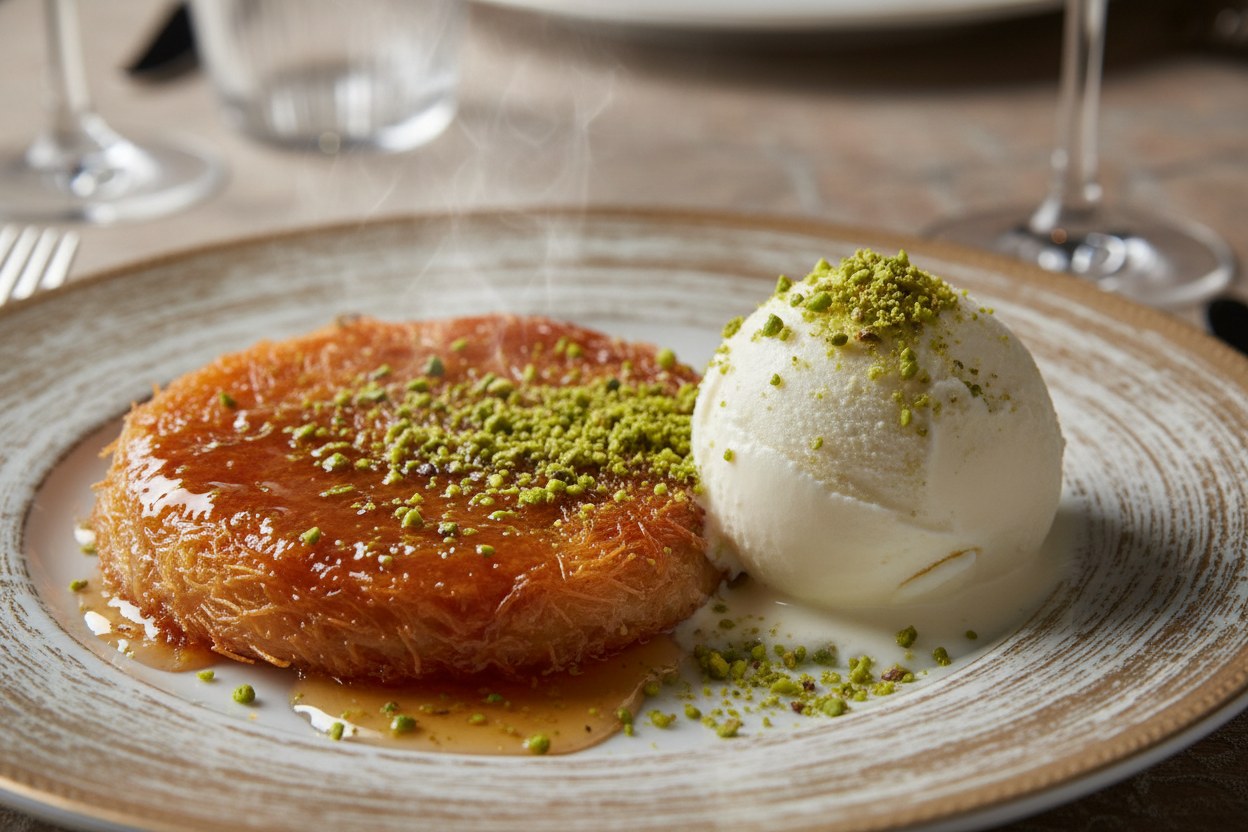 Deluxe künefe, yanında kaymak ve dövme dondurma topu